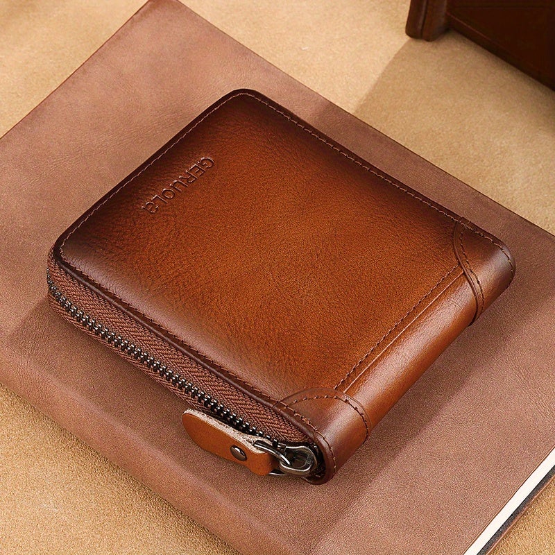 GERUOLA Men's Genuine Leather Short Wallet with Zipper, Large Capacity, Three-Fold Design, Ultra-Thin Card Holder in Yellow Brown - Image 1
