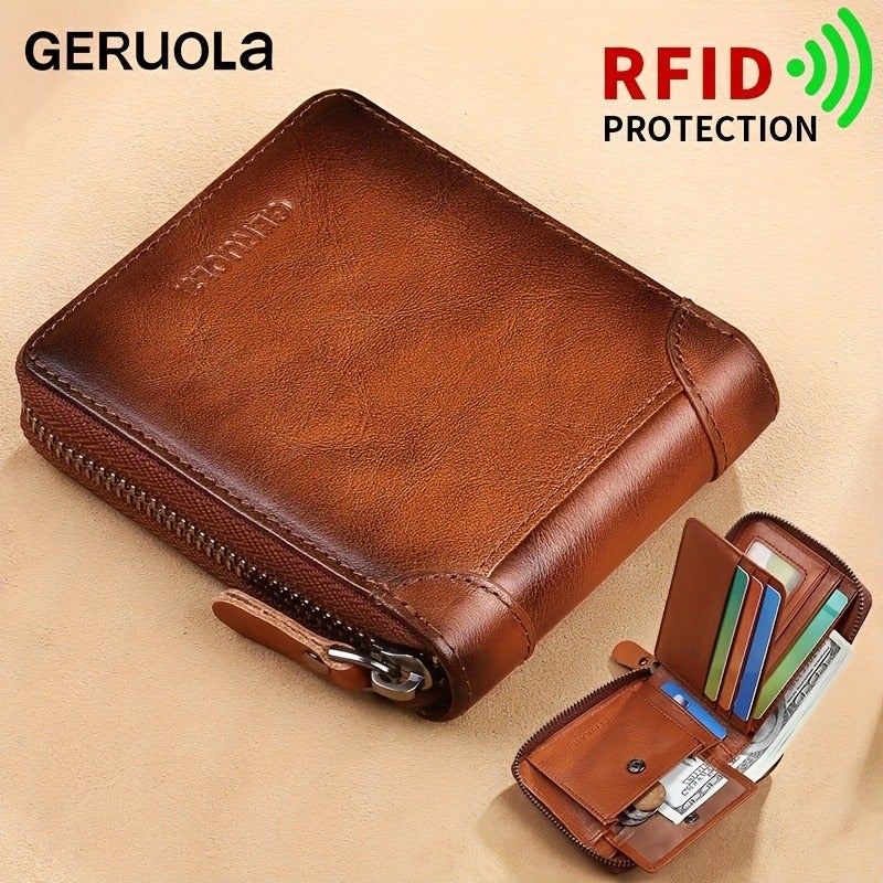 GERUOLA Men's Genuine Leather Short Wallet with Zipper, Large Capacity, Three-Fold Design, Ultra-Thin Card Holder in Yellow Brown - Image 2