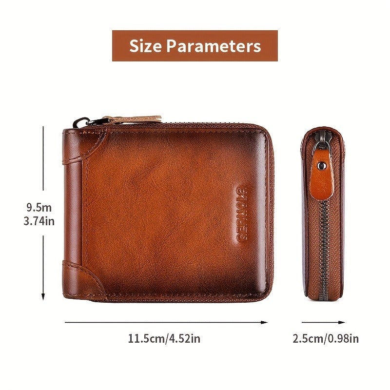 GERUOLA Men's Genuine Leather Short Wallet with Zipper, Large Capacity, Three-Fold Design, Ultra-Thin Card Holder in Yellow Brown - Image 3