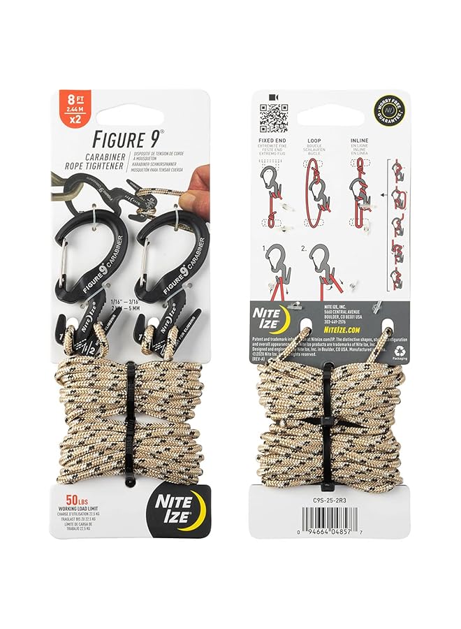 نايت آيز مُشد حبل كارابينر رقم 9 صغير، عبوة من قطعتين مع حبل أسود - Image 1