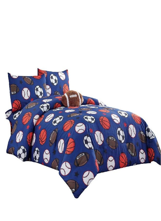 WPM WORLD PRODUCTS MART WPM Kids Collection Bedding 4 Piece Blue Twin Size Comforter Set with Sheet Pillow sham and Plush Football Pillow Soccer Baseball Basketball Fun Sports Design (Football, Twin Comforter) 