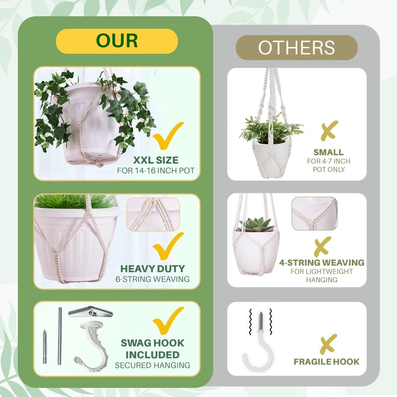 Shineloha Giant XXL 55 Inches Macrame Planter Hanger Large for 15 inch Pot + Swag Hook | Extra Large Hanging Planter for Indoor Plants | No Pot/Plant Included (XXL) - Image 4