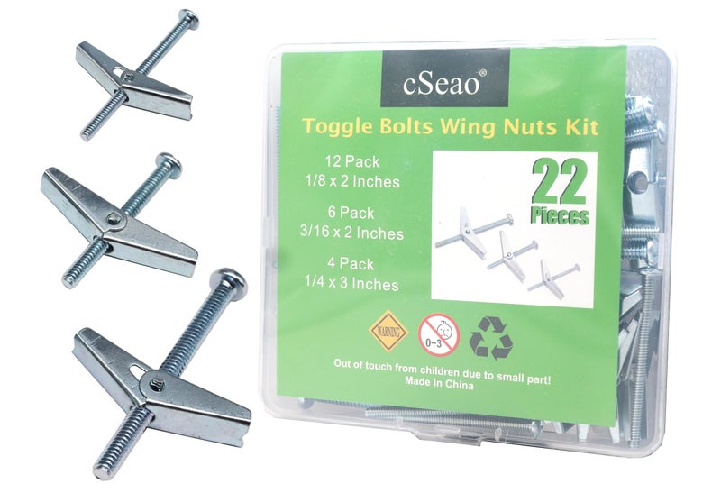cSeao 22 Pieces Heavy Duty Drywall Ceiling TV Anchors Toggle Bolt Assortment Kit, 1/8" 1/4" 3/16" Spring Loaded Hollow Wall Inserted Bolt Wing Nuts - Image 1