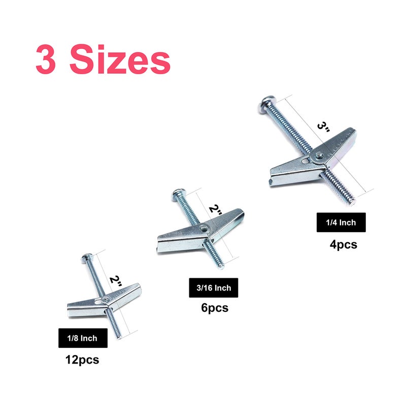 cSeao 22 Pieces Heavy Duty Drywall Ceiling TV Anchors Toggle Bolt Assortment Kit, 1/8" 1/4" 3/16" Spring Loaded Hollow Wall Inserted Bolt Wing Nuts - Image 3
