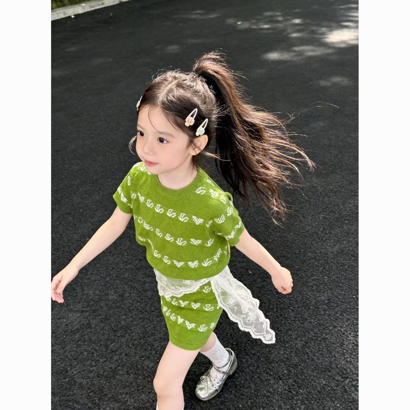 Korean Style Girls'' New Summer Green Floral Knitted Suit for Little Girls, Thin Short-Sleeved Top and Skirt - Image 5
