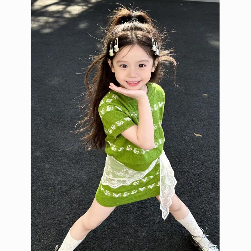 Korean Style Girls'' New Summer Green Floral Knitted Suit for Little Girls, Thin Short-Sleeved Top and Skirt - Image 2