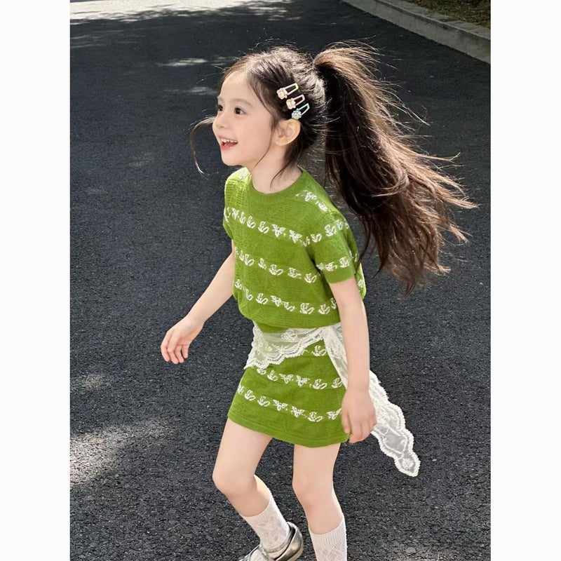 Korean Style Girls'' New Summer Green Floral Knitted Suit for Little Girls, Thin Short-Sleeved Top and Skirt - Image 3