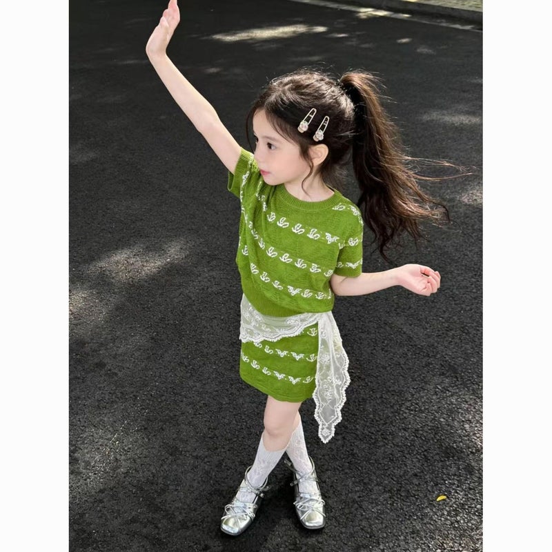 Korean Style Girls'' New Summer Green Floral Knitted Suit for Little Girls, Thin Short-Sleeved Top and Skirt - Image 4