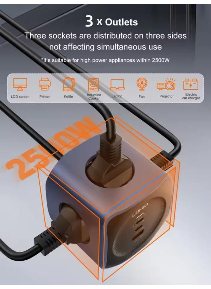LDNIO Power Strip 65W USB-C Charger, 6-in-1 Extension Socket with 3 Universal AC Outlets & 3 USB Ports, PD3.0 QC3.0 Fast Charging, 2M Cord, for Home & Office  - Image 2