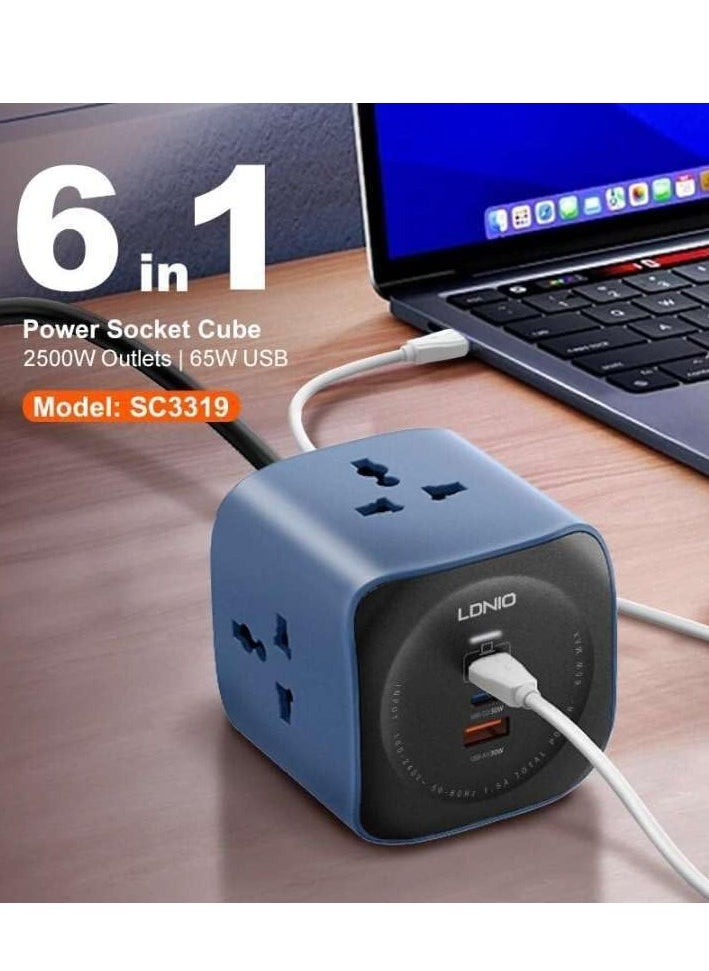 LDNIO Power Strip 65W USB-C Charger, 6-in-1 Extension Socket with 3 Universal AC Outlets & 3 USB Ports, PD3.0 QC3.0 Fast Charging, 2M Cord, for Home & Office  - Image 5