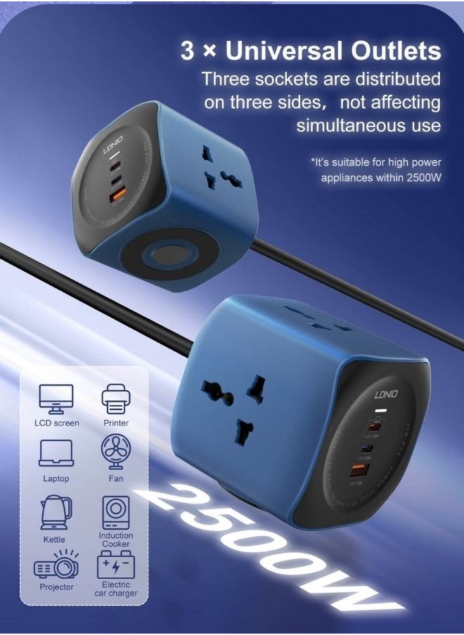 LDNIO Universal Power Socket Cube & High-Power Extension Cord 2500W Fast Charging Station with 3 Smart USB Ports for Phones and Tablets Features 3 Multi-Region AC Sockets for All Your Home and Office Appliances 2-Meter Heavy-Duty Cable with Child Safety Door for Enhanced Protection - White  - Image 4
