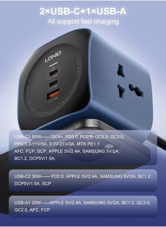 LDNIO Universal Power Socket Cube & High-Power Extension Cord 2500W Fast Charging Station with 3 Smart USB Ports for Phones and Tablets Features 3 Multi-Region AC Sockets for All Your Home and Office Appliances 2-Meter Heavy-Duty Cable with Child Safety Door for Enhanced Protection - White  - Image 5