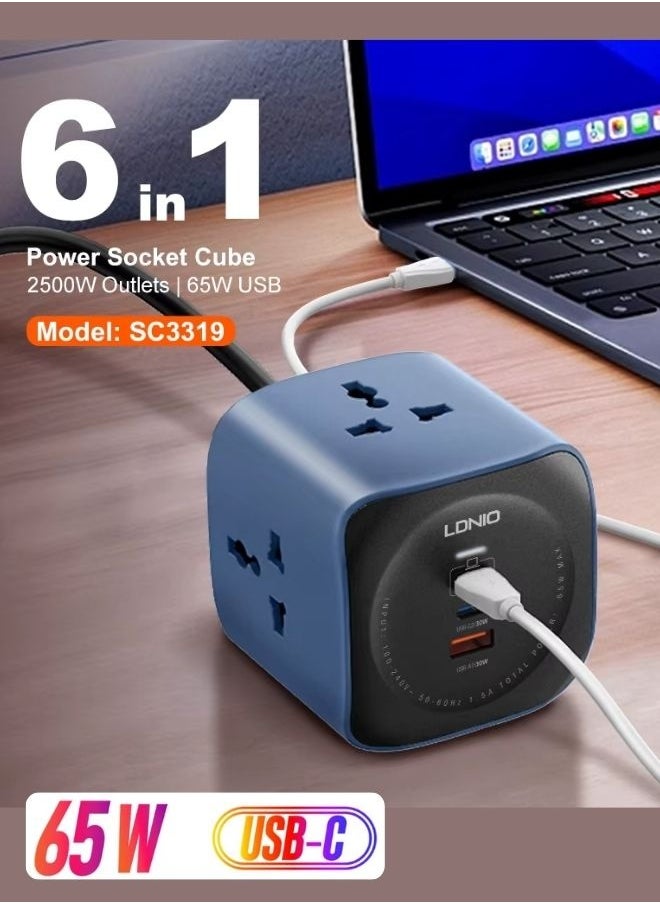 LDNIO Universal Power Socket Cube & High-Power Extension Cord 2500W Fast Charging Station with 3 Smart USB Ports for Phones and Tablets Features 3 Multi-Region AC Sockets for All Your Home and Office Appliances 2-Meter Heavy-Duty Cable with Child Safety Door for Enhanced Protection - White  - Image 1