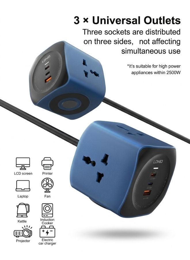 LDNIO Universal extention cord  Cube design & High-Power Extension Cord 2500W Power Extention Socket with 3 Smart USB Ports for Phones and Tablets Features 3 Multi-Region AC Sockets for All Your Home and Office Appliances 2-Meter Heavy-Duty Cable with Child Safety Door for Enhanced Protection - Image 1