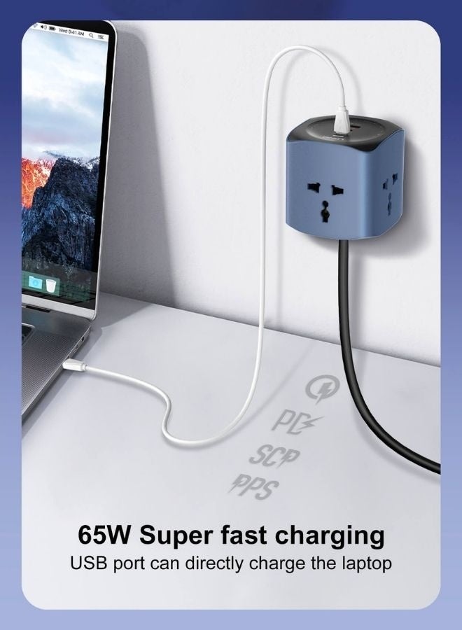 LDNIO Universal extention cord  Cube design & High-Power Extension Cord 2500W Power Extention Socket with 3 Smart USB Ports for Phones and Tablets Features 3 Multi-Region AC Sockets for All Your Home and Office Appliances 2-Meter Heavy-Duty Cable with Child Safety Door for Enhanced Protection - Image 3