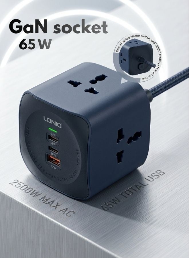 LDNIO مكعب مقبس الطاقة العالمي وكابل التمديد عالي القدرة 2500 واط محطة شحن سريعة مع 3 منافذ USB ذكية للهواتف والأجهزة اللوحية ميزات 3 مقابس AC متعددة المناطق لجميع أجهزة المنزل والمكتب كابل ثقيل ببطول 2 متر مع باب أمان للأطفال لحماية معززة - Image 1