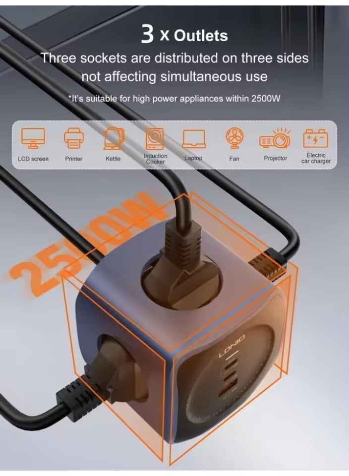 LDNIO مكعب مقبس الطاقة العالمي وكابل التمديد عالي القدرة 2500 واط محطة شحن سريعة مع 3 منافذ USB ذكية للهواتف والأجهزة اللوحية ميزات 3 مقابس AC متعددة المناطق لجميع أجهزة المنزل والمكتب كابل ثقيل ببطول 2 متر مع باب أمان للأطفال لحماية معززة - Image 2