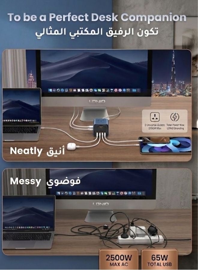 لدنيو وصلة كهرباء مكعب 2500 واط عالية القدرة مع 3 منافذ USB ذكية و3 مخارج كهرباء متعددة الاستخدام، سلك بطول 2 متر مع حماية أمان للأطفال، مشترك كهرباء محول كهرباء اكستنشن كهرباء متعدد المنافذ للاستخدام المنزلي والمكتبي - Image 3