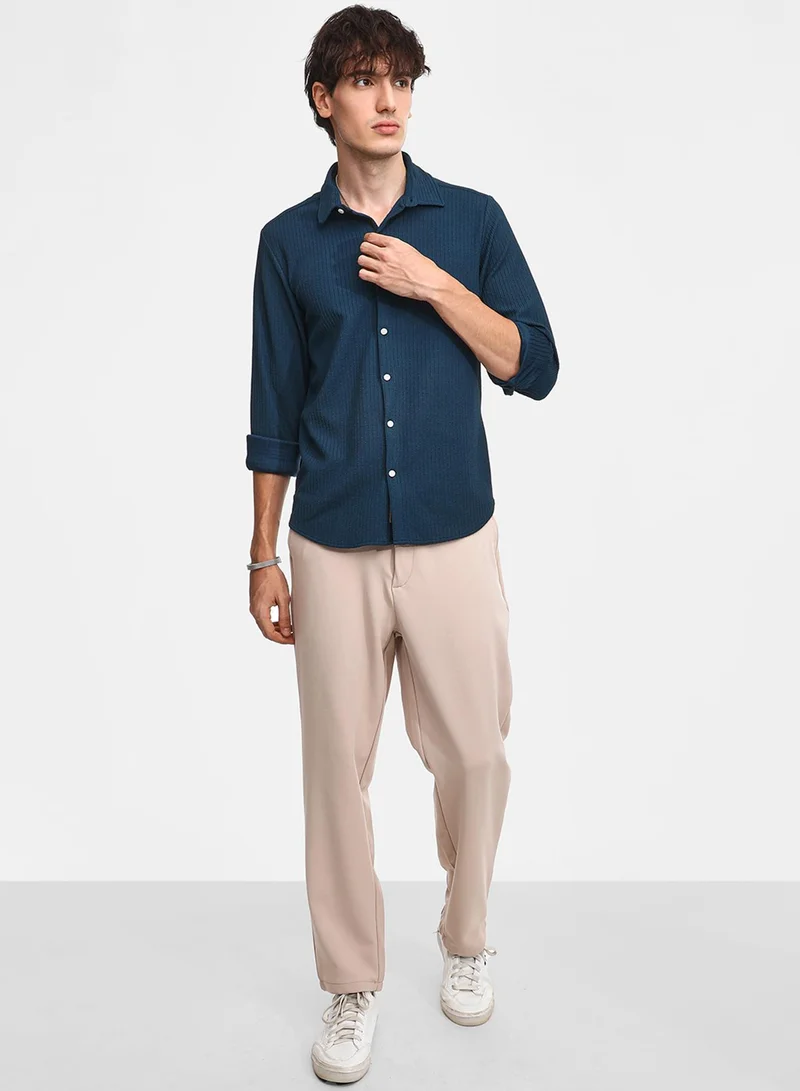 كامبوس سوترا Men's Aegean Blue Stripe-Creased Shirt