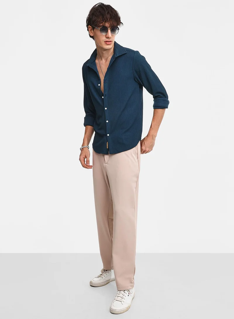 كامبوس سوترا Men's Aegean Blue Stripe-Creased Shirt