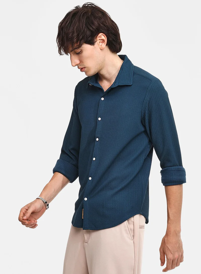 كامبوس سوترا Men's Aegean Blue Stripe-Creased Shirt