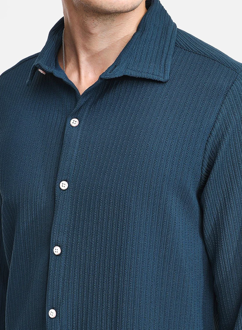 كامبوس سوترا Men's Aegean Blue Stripe-Creased Shirt