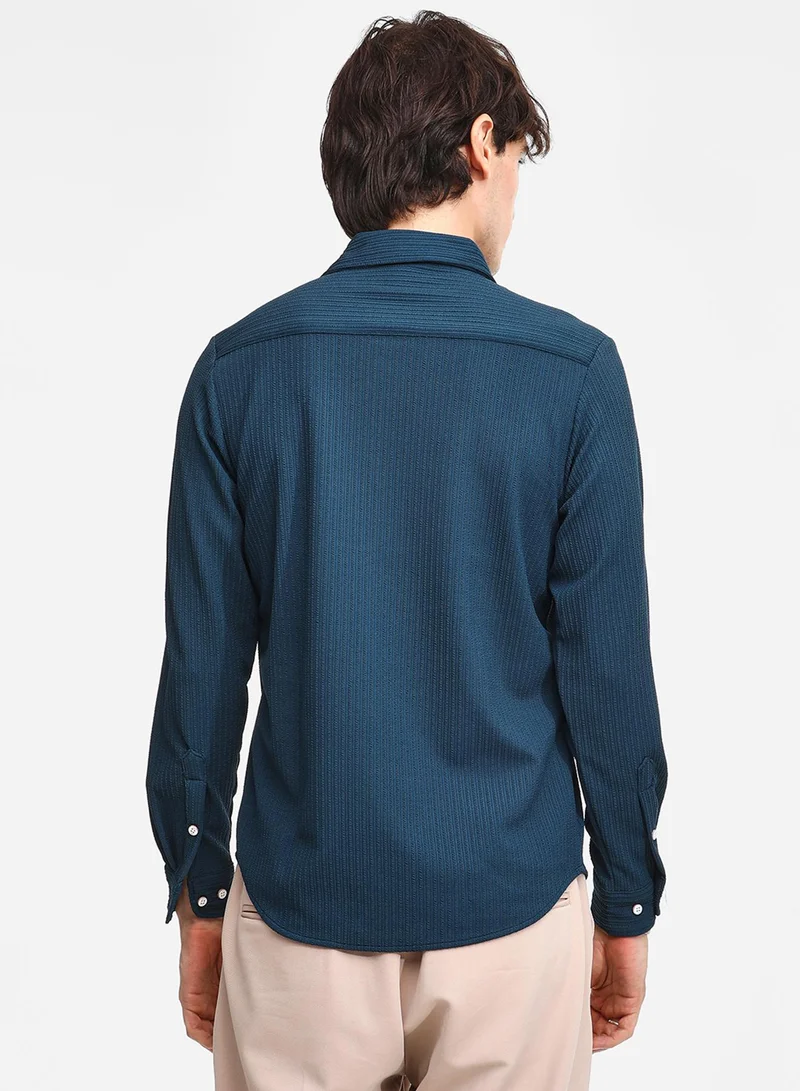 كامبوس سوترا Men's Aegean Blue Stripe-Creased Shirt