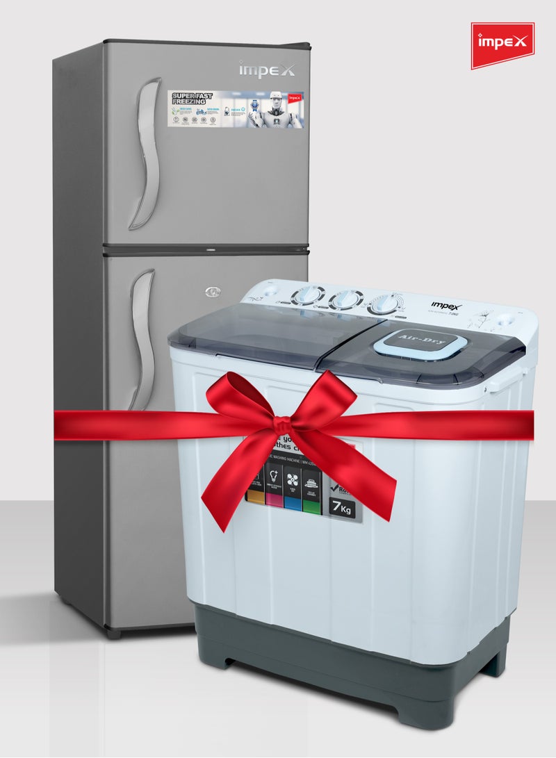 Impex 138L Gross/128L Net, Double Door Refrigerator, No Frost Inverter Refrigerator, 4.5 Cu.Ft Freezer, 42Ltr Freezer + 86Ltr Refrigerator, Glass Shelves, Fast Cooling Fridge Freezer, Silent Operation Best for Home, 2 Year Product Warranty & 10 Year Compressor Warranty, Safety Lock And Key, 120 W IRF 138C Dark Grey & 7 kg Capacity Top Load Washing Machine - 7KG Semi-Automatic Washing Machine Cloth Dress Cleaning, 350W Power, Spin 160W, Top Load, Energy-Efficient, 2 Years Warranty – Black/White/Grey - WM 4204 7 kg 350 W WM 4204 Black/White/Grey Bundle - Image 1