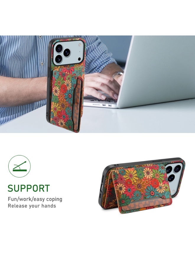 عام غلاف iPhone 17 Pro مع حامل البطاقات وغطاء واقي مضاد لبصمات الأصابع، بتصميم زهري كلاسيكي، حماية ضد الخدوش، سهل الحمل مع تخزين مدمج - Image 2