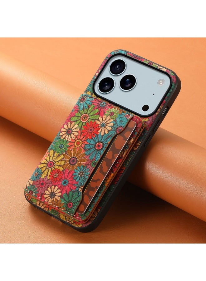 عام غلاف iPhone 17 Pro مع حامل البطاقات وغطاء واقي مضاد لبصمات الأصابع، بتصميم زهري كلاسيكي، حماية ضد الخدوش، سهل الحمل مع تخزين مدمج - Image 1