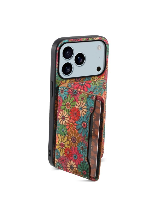 عام غلاف iPhone 17 Pro مع حامل البطاقات وغطاء واقي مضاد لبصمات الأصابع، بتصميم زهري كلاسيكي، حماية ضد الخدوش، سهل الحمل مع تخزين مدمج - Image 3