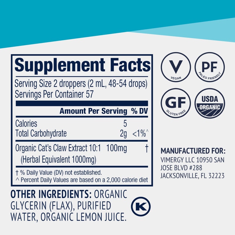 Vimergy USDA Organic Catâ€™s Claw Liquid â€“ Provides Antioxidant Support* â€“ Benefits The Immune System* â€“ Vegan, Gluten-Free, Non-GMO â€“ 57 Servings (115 mL) - Image 4