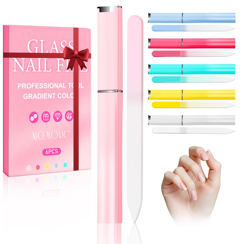 NICEMOVIC Nail File 6 Pack Glass Nail Files for Natural Nails Stocking Stuffers for Women Adults Christmas Bulk Gifts for Women Teen Girls Birthday Gifts for Mom Wife Her Nail File and Buffers Kit