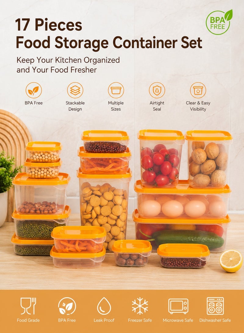 rayze 17-piece food storage container set, transparent plastic storage boxes with orange sealing lids, kitchen and refrigerator storage boxes, multi-size food storage containers, suitable for storing fruits, vegetables, snacks, and grains. - Image 2