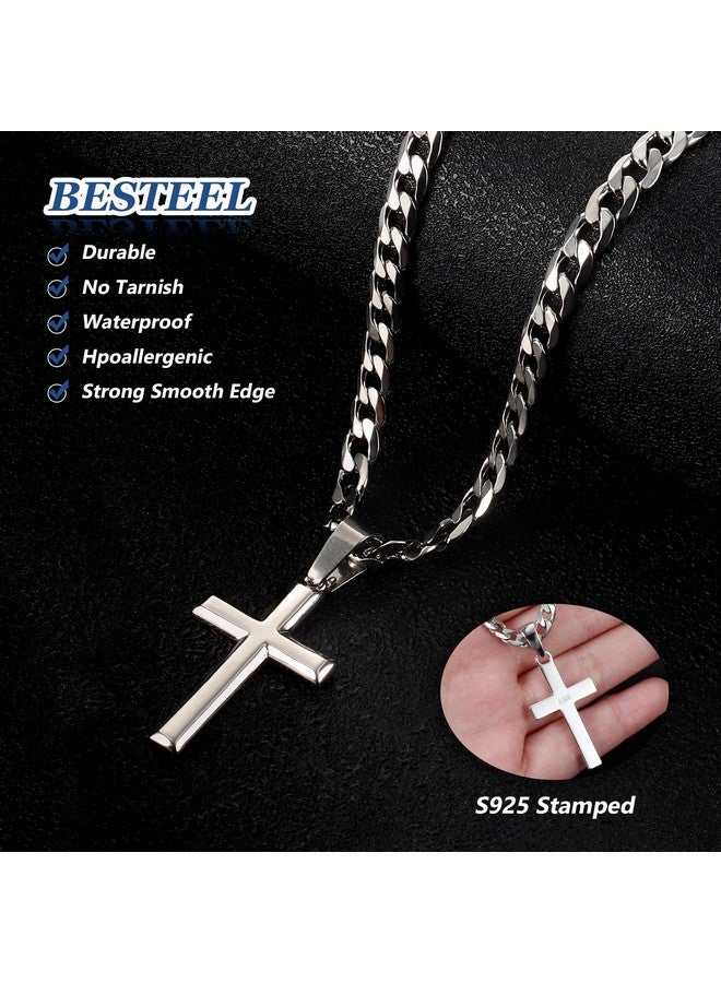 Besteel 925 Sterling Silver Cross Necklace for Men Women 5mm Big Beveled Edge Men's Stainless Steel Diamond Cut Curb Cuban Link Chain Crucifix Cross Pendant Jewelry 22 Inches - Image 4