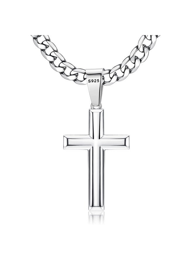 Besteel 925 Sterling Silver Cross Necklace for Men Women 5mm Big Beveled Edge Men's Stainless Steel Diamond Cut Curb Cuban Link Chain Crucifix Cross Pendant Jewelry 22 Inches - Image 1