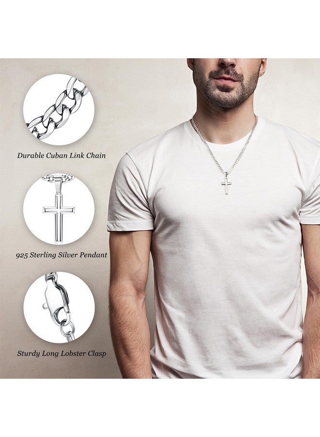 Besteel 925 Sterling Silver Cross Necklace for Men Women 5mm Big Beveled Edge Men's Stainless Steel Diamond Cut Curb Cuban Link Chain Crucifix Cross Pendant Jewelry 22 Inches - Image 2