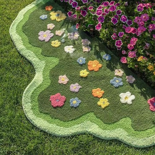 Could Spark Floral Spring Moss Green Area Rug for Bedroom Living Room, Irregular Cute Non-Slip Bathroom Mat, Washable Aesthetic Accent Carpet for Women Dorm, Unique Floral Floor Rug for Boho Home Decor - Image 1