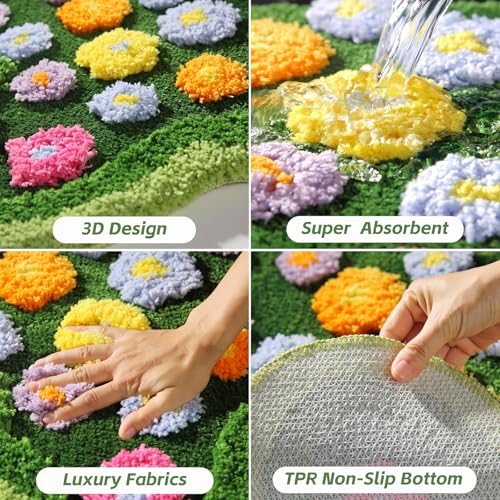 Could Spark Floral Spring Moss Green Area Rug for Bedroom Living Room, Irregular Cute Non-Slip Bathroom Mat, Washable Aesthetic Accent Carpet for Women Dorm, Unique Floral Floor Rug for Boho Home Decor - Image 5
