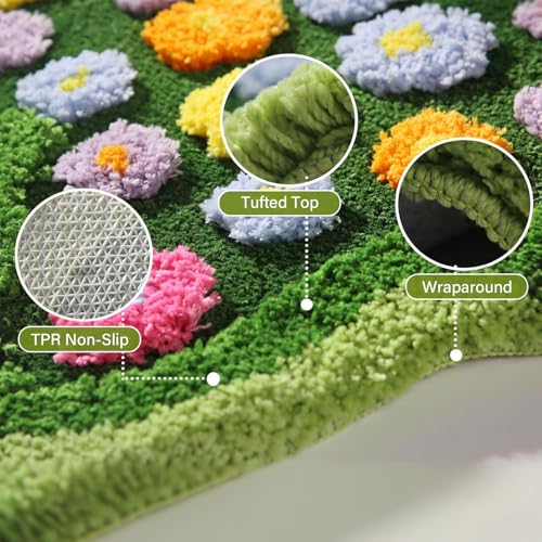 Could Spark Floral Spring Moss Green Area Rug for Bedroom Living Room, Irregular Cute Non-Slip Bathroom Mat, Washable Aesthetic Accent Carpet for Women Dorm, Unique Floral Floor Rug for Boho Home Decor - Image 4