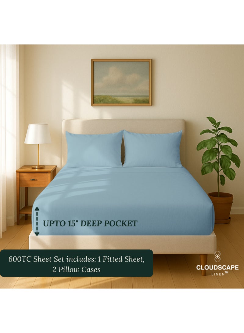 Cloud Scape Linen 600 Thread Count Egyptian Cotton Sheet Set( Queen, Frenchblue) - Image 3