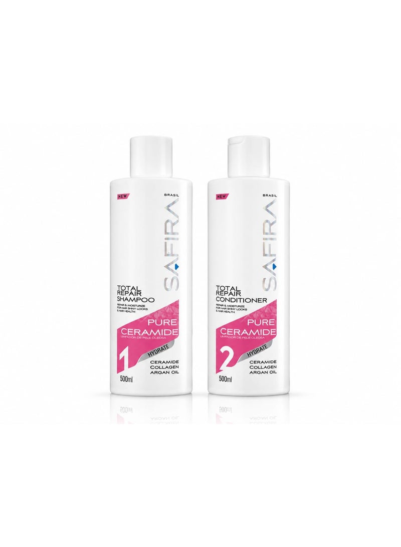 مجموعة Safira Total Repair Pure Ceramide لإصلاح وترطيب الشعر (شامبو 500 مل + بلسم 500 مل) - Image 1