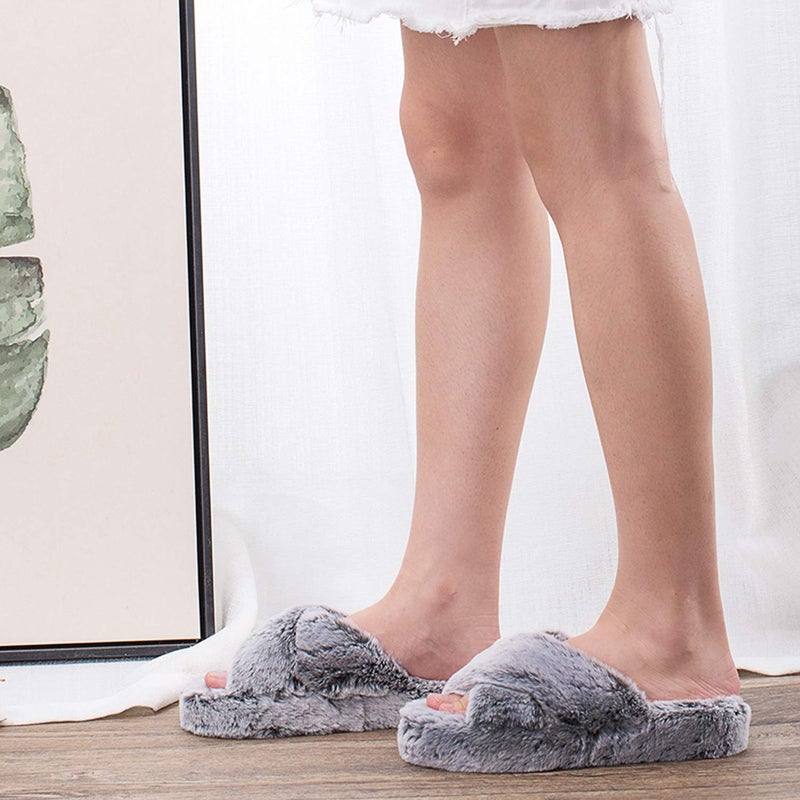 DL Fluffy Womens House Slippers Cross Band Open Toe, Soft Plush Fleece Bedroom Slippers Women Memory Foam, Comfy Fuzzy Slip On Non-Slip Womens Slippers Indoor Pink Gray Black White - Image 2