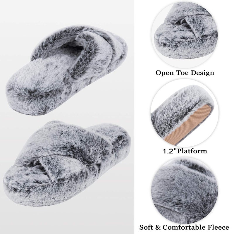 DL Fluffy Womens House Slippers Cross Band Open Toe, Soft Plush Fleece Bedroom Slippers Women Memory Foam, Comfy Fuzzy Slip On Non-Slip Womens Slippers Indoor Pink Gray Black White - Image 3