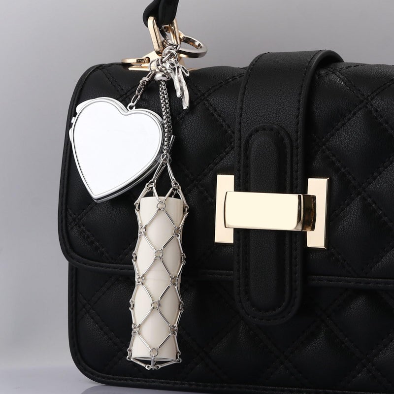 SORGERLY Silver Chapstick Holder Mirror Keychain - Cute Purse Bag Handbag Heart Bow Charm, Y2K Aesthetic Key chains Accessories for Women (silver heart) - Image 3