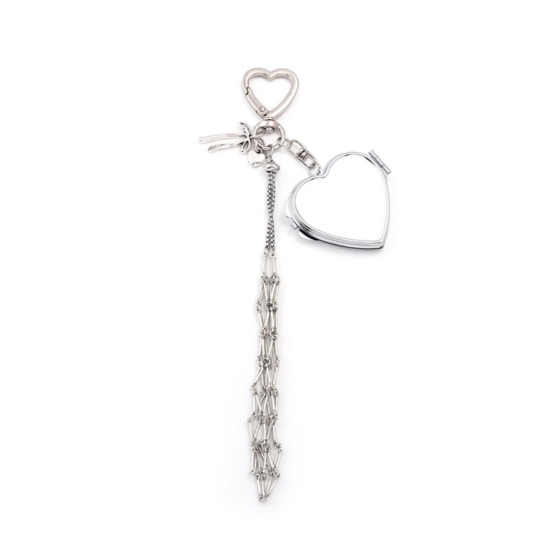 SORGERLY Silver Chapstick Holder Mirror Keychain - Cute Purse Bag Handbag Heart Bow Charm, Y2K Aesthetic Key chains Accessories for Women (silver heart) - Image 1