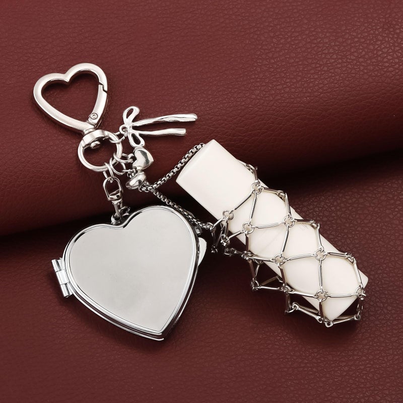 SORGERLY Silver Chapstick Holder Mirror Keychain - Cute Purse Bag Handbag Heart Bow Charm, Y2K Aesthetic Key chains Accessories for Women (silver heart) - Image 5