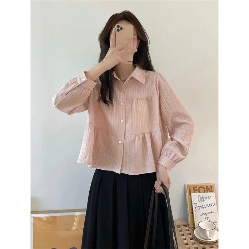Solid Color Short Shirt Small Shirt Women'S 2024 Autumn New Korean Simple Loose All-Match Fashion Long-Sleeved Top - Image 1