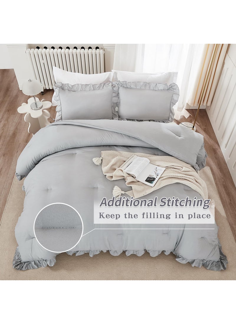 Andency Andency Silver Gray Comforter Set King  3 Pieces Farmhouse Shabby Chic Ruffle Comforter  Lightweight Fluffy Soft Microfiber All Season Solid Bed Comforter Set (1 Ruffle Comforter & 2 Pillowcases)  - Image 4