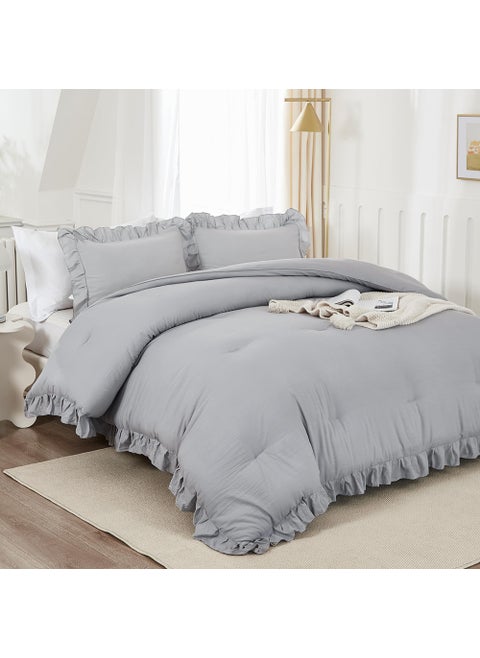 Andency Silver Gray Comforter Set King  3 Pieces Farmhouse Shabby Chic Ruffle Comforter  Lightweight Fluffy Soft Microfiber All Season Solid Bed Comforter Set (1 Ruffle Comforter & 2 Pillowcases)